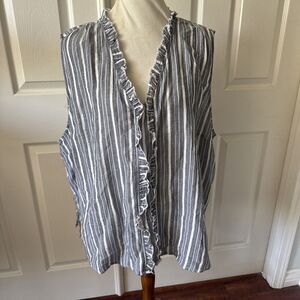 Liz Claiborne Womens Plus 3X Sleeveless Striped Top Ruffle Blue Gray Beach Boho